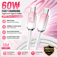 Câble tressé coloré 60W 3A USB 2.0 Type-C vers Type-C 1M en nylon, charge rapide, câble USB-C vers C pour ordinateur, téléphone portable, compatible OEM