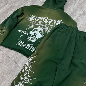 Chándales con estampado desgastado, chándales con cremallera y diamantes de imitación de gran tamaño personalizados, conjunto de pantalones de chándal y Sudadera con capucha lavado ácido para hombres - Product Image 5