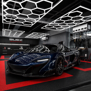 Lampada LED esagonale SUEZ per garage, illuminazione modulare a nido d'ape per officina, illuminazione a soffitto per detailing <span class=keywords><strong>auto</strong></span>, showroom, vendita all'ingrosso OEM - Product Image 1