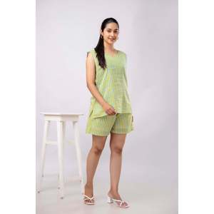 Pijama a Rayas Amarillo y Verde Mar para Mujer, con Cintura Elástica, Logotipo Personalizado, Tela Suave Tejida, para Uso en Casa y Nupcial - Product Image 3