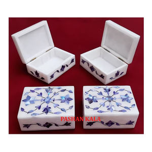 Caja de joyería con incrustaciones de madreperla azul mármol blanco natural forma Rectangular diseño Floral hecho a mano utilizado para embalaje de collar - Product Image 1