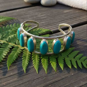 Bracelet manchette bohème fait main Garmani en argent et turquoise, jonc perlé réglable en argent allemand, 20 % de réduction et cadeau du Nouvel An - Product Image 2