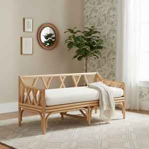 Banc en rotin tissé à la main avec cadre en bois massif solide et élégant pour patio, jardin ou salon - Product Image 2
