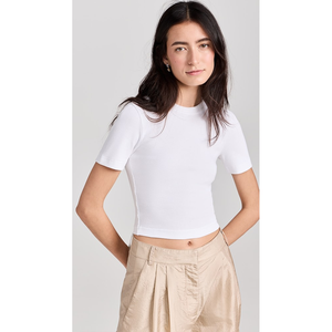 T-shirt haut court personnalisé pour femmes OEM 100% coton tissu côtelé coupe ajustée col rond tissu respirant étés Fitness Crop Top Tees - Product Image 4