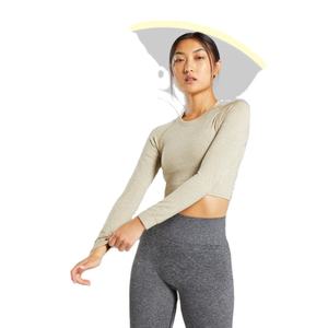 Top corto de manga larga Beige para mujer, Camiseta deportiva elástica con espalda reunida para gimnasio, yoga, entrenamiento y entrenamiento físico - Product Image 3