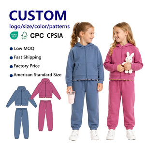 Survêtement pour filles avec détails surpiqués, en mélange de coton, haut à capuche zippé et bas de jogging à cordon de serrage, faible MOQ, prix d'usine - Product Image 1