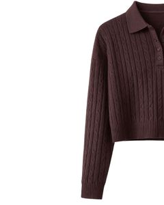 Pull en maille torsadée à col polo pour femme, personnalisé, marron foncé, coupe courte, manches longues, ourlet côtelé, patte de boutonnage, décontracté, pull d'hiver - Product Image 3