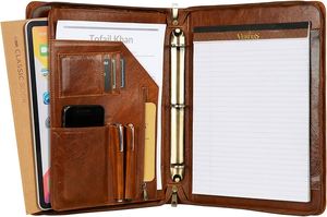 Cá nhân nâu da danh mục đầu tư chất kết dính 3 vòng padfolio điều hành Folio zippered khắc thư mục Organizer Quà Tặng tùy chỉnh người đàn ông - Product Image 6