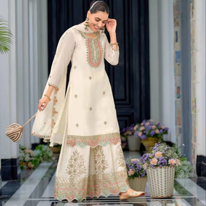New Fancy Designer <b>Wedding</b> Diwali Party <b>Top</b> Sharara & Dupatta Set in Chinon Silk Wrinkle Free - Product Image 1