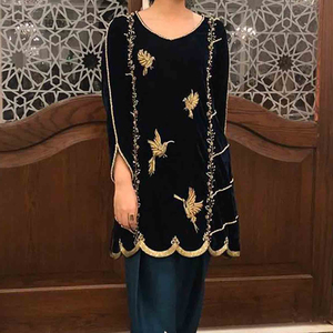 NEW--TRENDY INDIEN/PAKISTANI ZARI BRODERIE TRAVAIL SUR LONG KURTA AVEC ROBE SALWAR POUR fête-porter-robe pour fête/mariage = 2023 - Product Image 1
