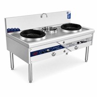 Kompor Wok Gas Komersial Dua Tungku Satu Tingkat dari Baja Anti Karat dengan Wastafel Tengah dan Keran Putar