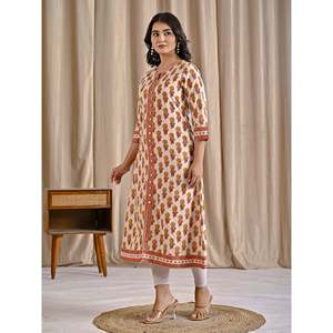 Kurti Aline de Algodón Estampado con Bloques Butti Blanco y Amarillo, Ropa Regional - Product Image 5