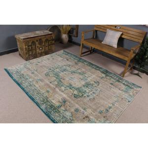 พรมตุรกีขนาด 5.5x7.2 ฟุต สีน้ำเงินเขียว ลายอิคัต ทำจากขนสัตว์ - Product Image 2