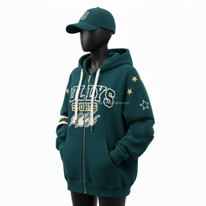 Women Zipper Hoodie Cotton Fleece <b>Fabric</b> Green Color Sleeve <b>Star</b> Panels Custom Logo Embroidery Applique zipper basics hoodies - Product Image 4