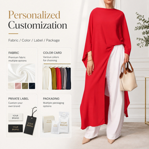 Set Musulmano in Due Pezzi Stile Turco con Logo Personalizzato, Abaya Irregolare Modesta e Pantaloni a Gamba Larga, Abbigliamento Islamico da Donna OEM - Product Image 5