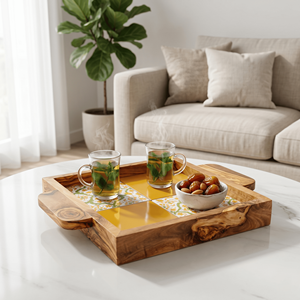 Elegant Square Ottoman Tray Customizable Olivewood & Ceramic Serving Tray for Contemporary <b>Coffee</b> <b>Tables</b> - Product Image 5