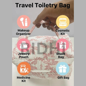 Pochette cosmétique réutilisable en coton matelassé, imprimée sur mesure motif tulipe, grand format, vintage, écologique, avec fermeture éclair, pour le voyage, vente en gros - Product Image 6