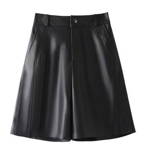 High Waist Wide Leg PU Leather Shorts <b>Women's</b> Autumn Winter Loose Slimming <b>Boot</b> Pants Straight Cut Medium Length - Product Image 3
