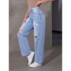 Jeans de Mezclilla Modernos para Mujer, Color Azul Hielo, Tendencia, Cintura Alta, Corte Recto, Ligeros, Ecológicos, Transpirables, Estilo Urbano, Vintage, Tallas 26-40 - Product Image 5