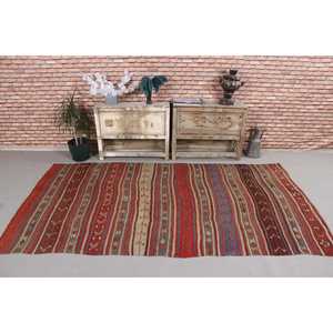 Tapis Kilim Turc Vintage 4,6x8,4 pieds en Laine Rouge Écologique avec Motif Patchwork et Dos en Latex - Product Image 2