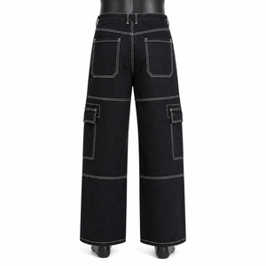 Jeans cargo en denim noir avec logo personnalisé, de haute qualité, à jambes larges, multi-poches, pantalon streetwear pour hommes - Product Image 2