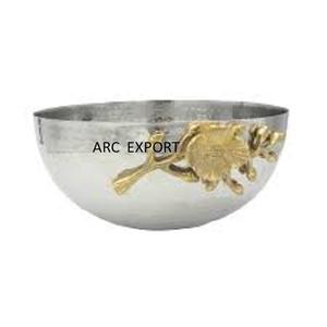 Bol de nourriture en acier inoxydable de conception arabe avec des poignées de conception de feuille en laiton bols de service de fruits et de collations de table pour les ustensiles de cuisine - Product Image 6