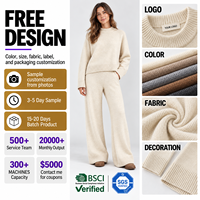 Ensemble deux pièces en maille côtelée pour femme FNJIA : pull et pantalon large – Tenue décontractée – Fabricant de marques privées sur mesure