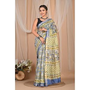 Sari de Seda Maheshwari Satinado Hecho a Mano con Estampado Floral, Técnica de Impresión en Bloque, Silueta Recta - Product Image 1