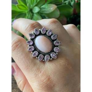 Southwest Handmade <b>Rose</b> <b>Quartz</b> & Amethyst Sterling Silver Bezel Set Adjustable <b>Ring</b> - Product Image 2
