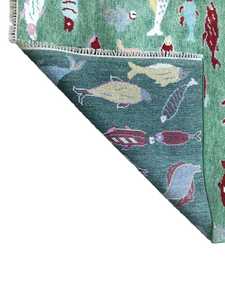 Alfombra de peces coloridos de lana verde hecha a mano, alfombra de tema náutico de terracota, diseño de alfombra persa para decoración del hogar, Alfombras anudadas florales - Product Image 6