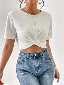 Camiseta Corta Informal de Algodón para Mujer, Venta al por Mayor, Camiseta de Manga Corta para Mujer, Ropa de Calle de Verano, Corte Ajustado, Logotipo Personalizado - Product Image 4