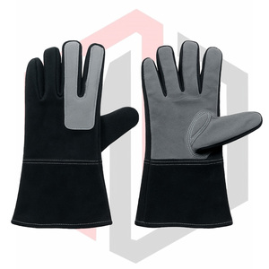 ถุงมือเชื่อมโลหะแบบยาว ทนความร้อน สีพื้น ผลิตตามสั่ง พร้อมโลโก้  คุณสมบัติความปลอดภัย หนัง 7 ออนซ์ 14 นิ้ว ผ้าถักลายเม็ด - Product Image 1