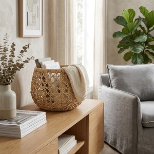 Panier rond en écorce de bananier tressé à la main, motif étoile ajouré, pour rangement, pot de fleurs ou décoration, design artistique pur - Product Image 6