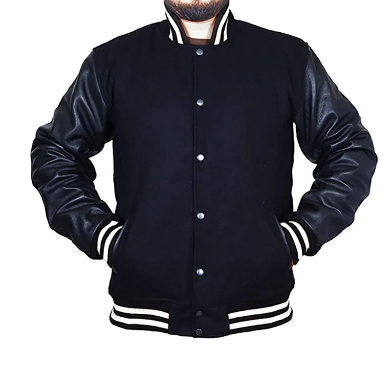 Plain Black Farbe hochwertige Lettermen Varsity Jacken mit Leder ärmeln Atmungsaktive Stylish Men Varsity Jacken OEM