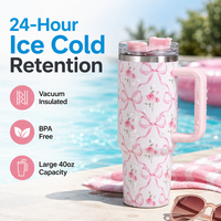 Gobelet isotherme en acier inoxydable de 40 oz avec poignée et paille, double paroi, pour voyage, café, et porte-gobelet de voiture pour l'extérieur