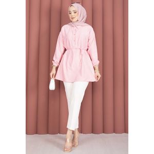 Blusa de Mujer con Detalle de Encaje a Rayas, Color Rosa, Tejido de Popelina, Talla XL, Corte Holgado, Estilo Informal para Oficina, Método de Tejido Tejido, Primavera - Product Image 1