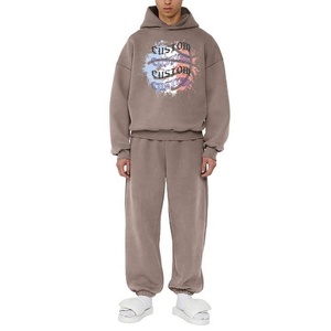 Streetwear 100% coton personnalisé survêtement délavé à l'acide ensemble de 2 pièces impression bouffante pantalons de survêtement délavés au soleil et pull-over ensemble à capuche Fo - Product Image 4