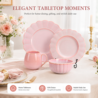 Service de table en céramique personnalisable, motif floral en relief, 16 pièces, assiettes, bols et tasses en porcelaine fine rose