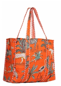 Sac fourre-tout matelassé sac à bandoulière en coton imprimé à la main Orange Jungle écologique durable Shopping plage Boho sac de week-end - Product Image 5
