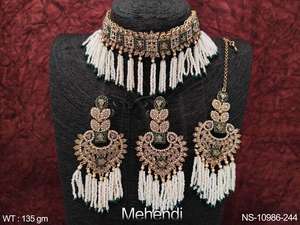 Mehendi plateado joyería antigua piedras completas ropa de novia hermosa gargantilla antigua conjunto de collar y pendientes con Maang Tikka - Product Image 2
