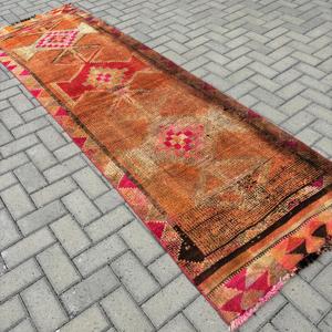 Alfombra Turca Vintage Herki de 2.9x8.9 pies (87x271 cm), Alfombra de Lana con Puntos Naranjas - Product Image 1