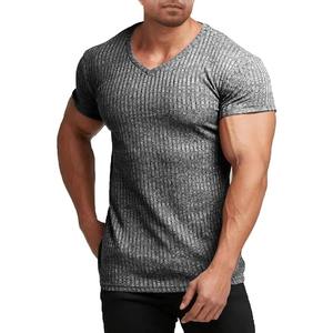 T-shirts à manches courtes pour hommes d'été, col en V, musculation, entraînement, t-shirts extensibles, tricot côtelé, muscle, léger, respirant - Product Image 3