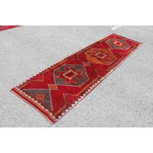 Turkish <b>Runner</b> Rug, 3.2x10.6 ft Vintage Rug, <b>Red</b> Herki Wool Rug - Product Image 2