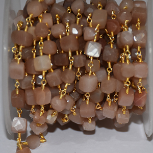 <b>Top</b> Quality Natural Moonstone Faceted 5-6mm Box Beads Gold Plated Wire Wrapped Rosary <b>Chain</b> Beaded <b>Chain</b> Jewelry Making Supplies - Product Image 1