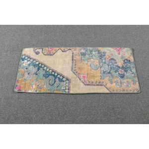 Alfombra Turca Pequeña de 1.3x3.2 pies (41x99 cm), Alfombra de Lana Vintage con Diseño de Plantas y Árboles Azules - Product Image 3