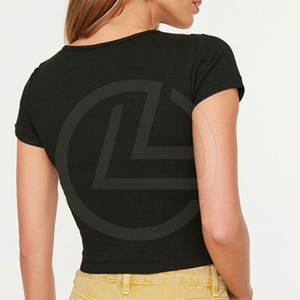 Camiseta corta de cuello redondo elástica de lona de verano para mujer con diseño minimalista Camiseta de mezcla de algodón ligera transpirable - Product Image 4