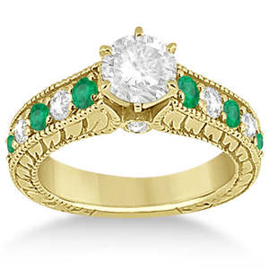 14k Yellow Gold Fine Jewelry <b>Set</b> Antique Diamond & Emerald Bridal Ring 2.51ct - Product Image 3
