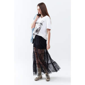 กระโปรงแม็กซี่สีดำผ้าชีฟองลูกไม้พิมพ์ลายดอกไม้ ไซส์ XS กระโปรงมิดิแบบพันรอบตัว หนังนิ่มปักลายพร้อมตกแต่งระบาย - Product Image 5