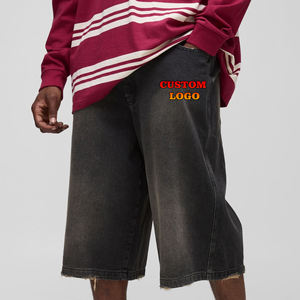 Pantalones cortos vaqueros de gran tamaño con logotipo impreso personalizado, ropa de calle Vintage lavada, pantalones cortos transpirables con dobladillo inferior crudo para hombre - Product Image 1