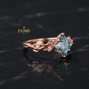 Anillo de Compromiso de Oro de 18K con Ágata Musgosa, Anillo de Hoja de Diamante con Ágata Musgosa Verde Natural, Anillo de Promesa Nupcial de Lujo para Mujer - Product Image 1